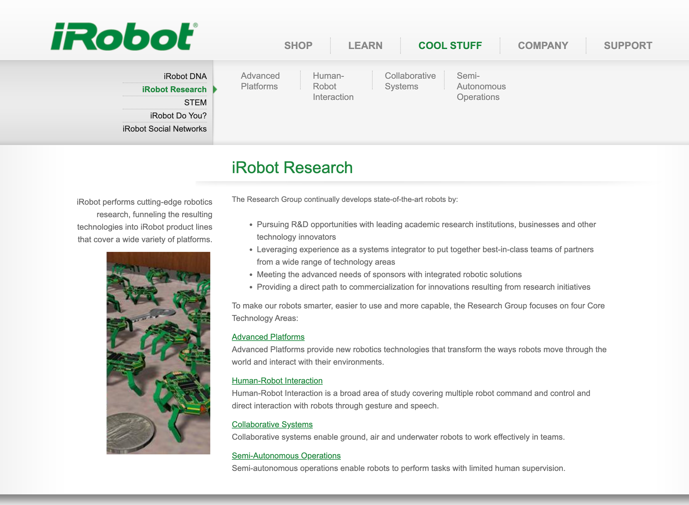 iRobot.com screenshot from December 21st, 2013 of it's "iRobot Research" page.