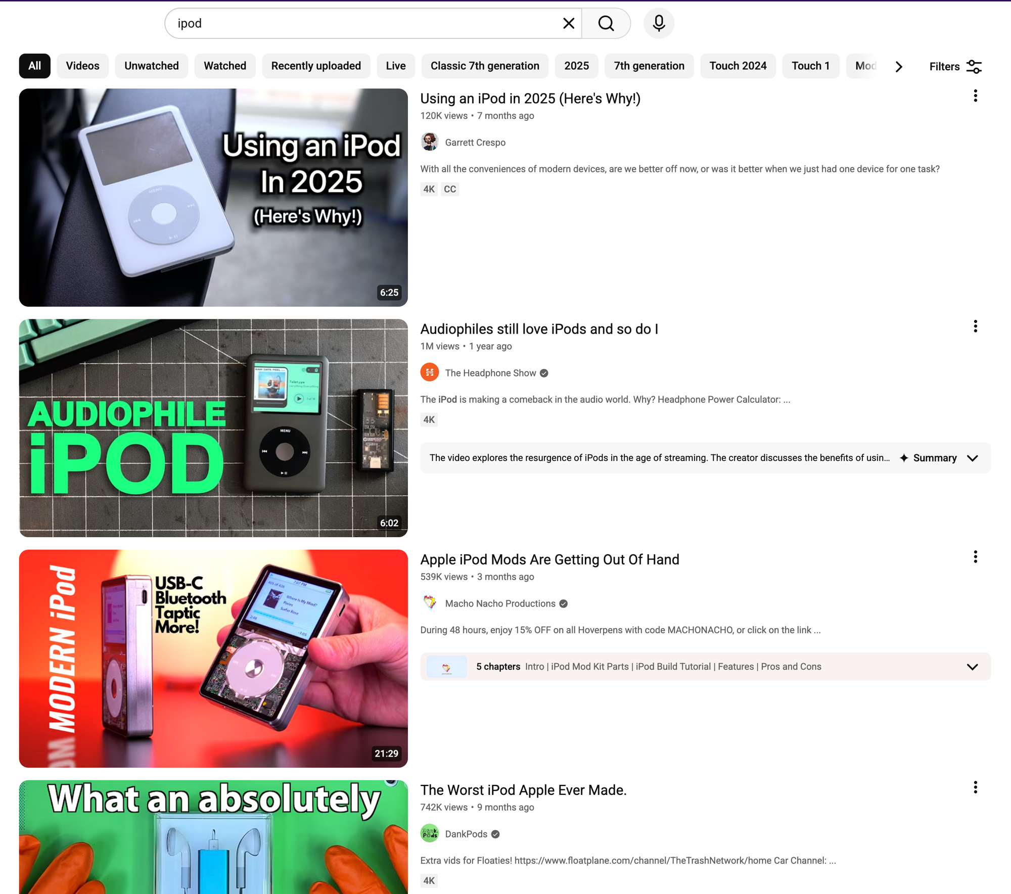 YouTube search results for "ipod"